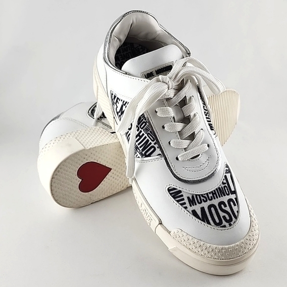 LOVE MOSCHINO Logo Women's White Chunky Low Top Leather Trainers Sneakers Sz 41 - Picture 2 of 16